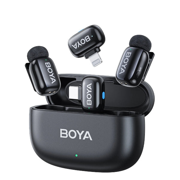 BOYA wireless microphone set with Lightning connector for iPhone – compact and portable