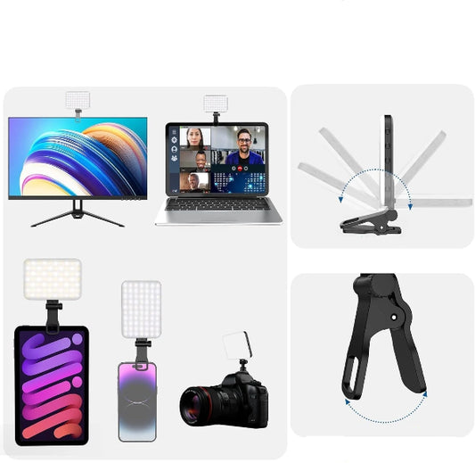 60 LED Rechargeable Video Light Fill Light by Golixy showing usage with laptop, camera, smartphone, and adjustable stand