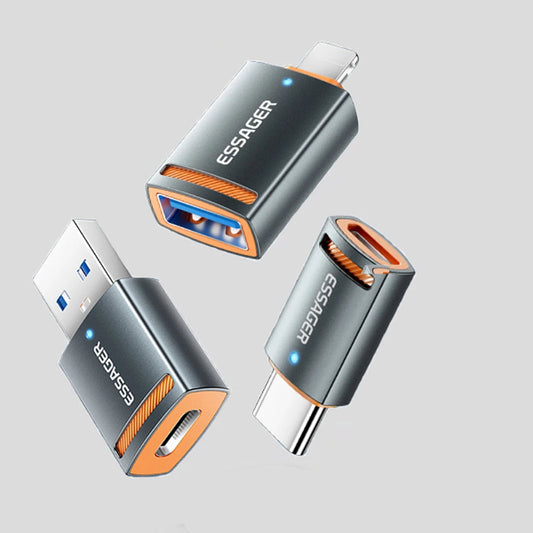 Essager set of USB adapters including Type-C to USB-A and USB-A to Type-C converters with metallic gray and orange design