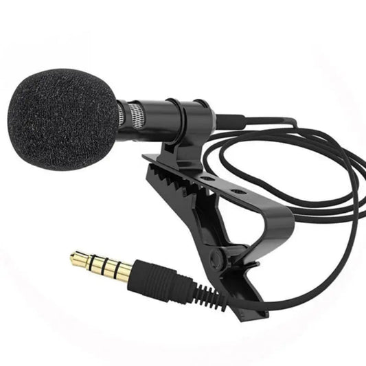 Clip-on lavalier microphone with foam cover and 3.5mm audio jack connector on white background