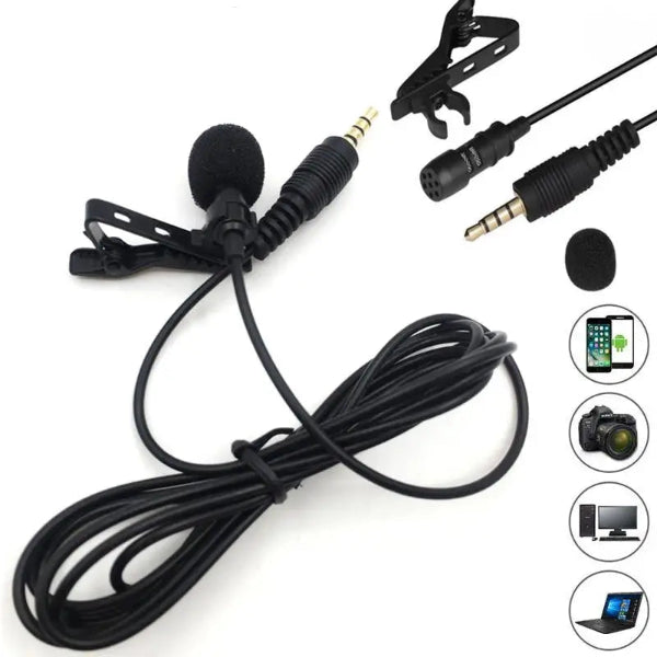 Lavalier microphone with long cable, multiple adapters, foam cover, and compatibility icons for phone, camera, laptop, and desktop