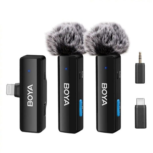 BOYA wireless microphone kit with windshields and multiple adapters – ideal for outdoor and professional recordings