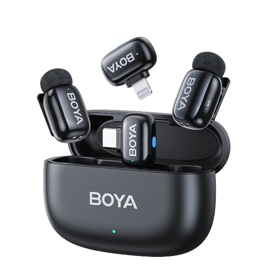 BOYA wireless microphone set with Lightning connector for iPhone – compact and portable