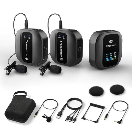 Dual wireless microphone kit with receiver and accessories – ideal for video recording and live streaming