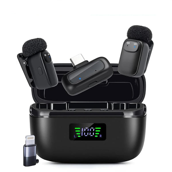 Smart dual wireless microphone set with digital charging case – modern design for video and podcast recording