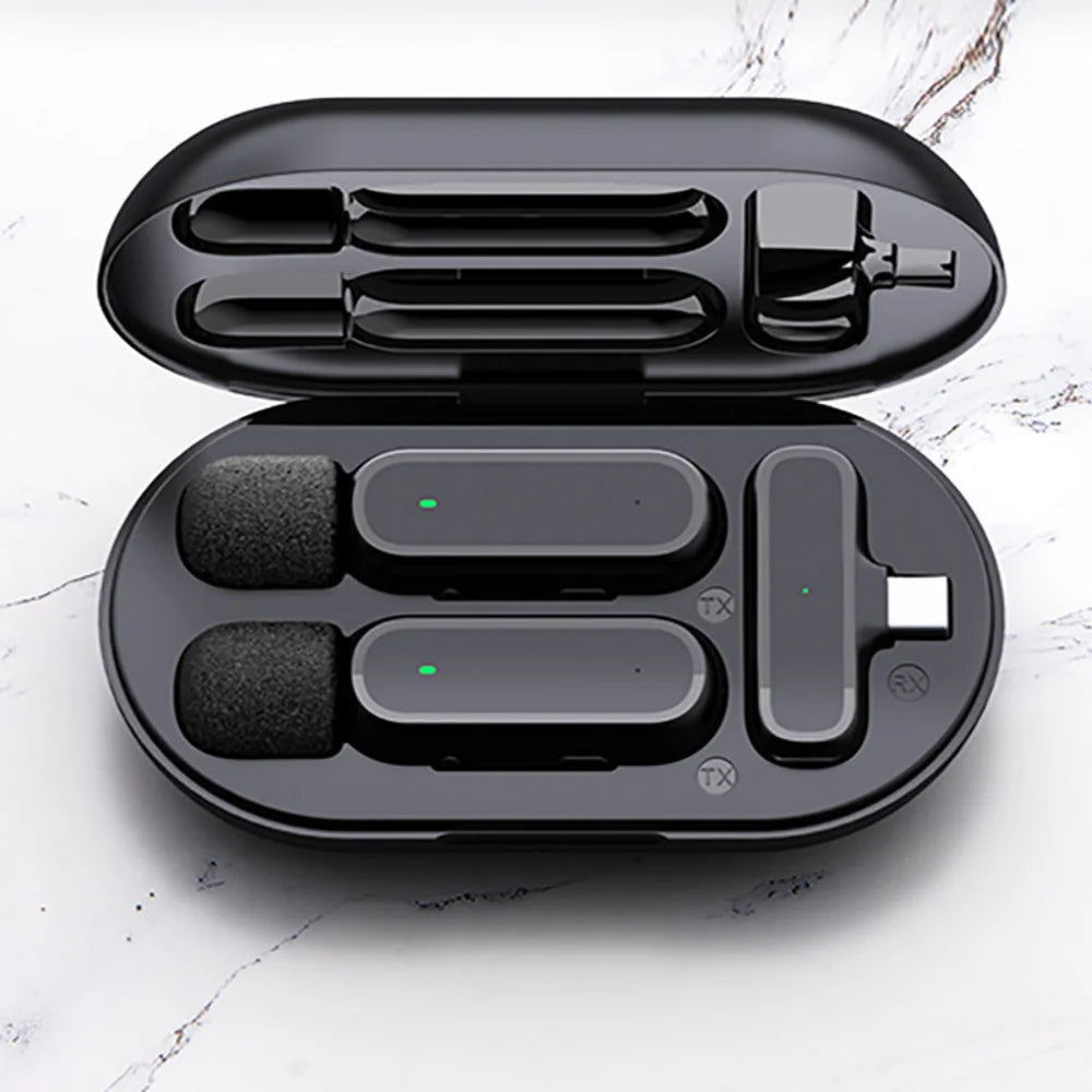 Compact dual wireless microphone set with charging case – ideal for smartphones and content creators